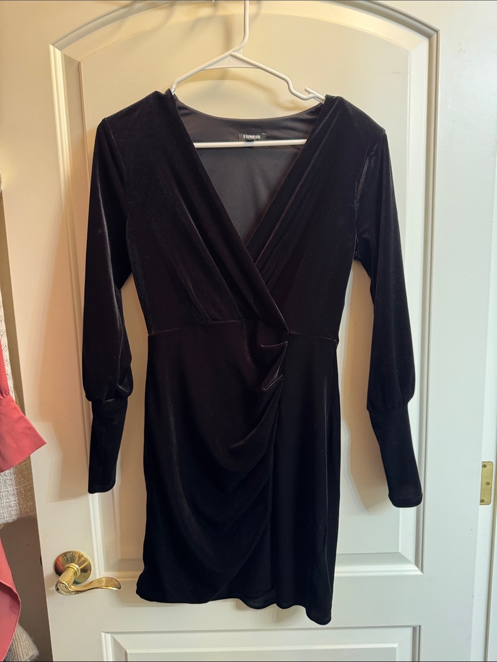 Express Black Velvet Surplice Long Sleeve Dress